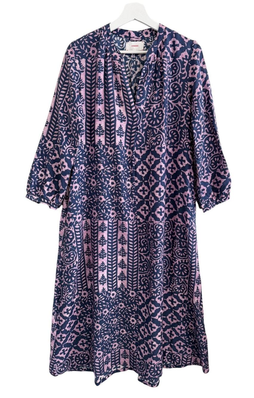 XiRENA Cotton Silk Jena Kaftan Dress Block Print Boho Relaxed w Pockets XS